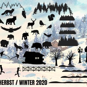 Könnte beinhalten: Schwarz-weiße Silhouette-Illustrationen von verschiedenen Tieren, Bäumen und Winterszenen. Die Illustrationen beinhalten einen Fuchs, ein Reh, einen Vogel, ein Eichhörnchen, einen Bären, einen Wolf, ein Kaninchen, ein Wildschwein, eine Hütte, einen Zaun und Bäume. Der Text "HERBST / WINTER 2020" befindet sich am unteren Rand des Bildes.