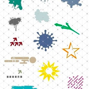 May include: A collection of colorful graphic design elements, including paint splatters, stars, arrows, and lines. The elements are arranged in a grid pattern on a white background.