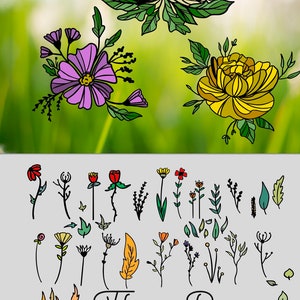 Könnte beinhalten: Ein Set mit 30 handgezeichneten floralen Illustrationen in Schwarzweiß. Die Illustrationen umfassen verschiedene Blumen, Blätter und Stiele. Diese Illustrationen sind perfekt, um Ihren Designs einen Hauch von Natur zu verleihen.