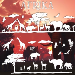 Könnte beinhalten: Eine weiße Silhouette verschiedener afrikanischer Tiere vor einem roten Sonnenuntergangs-Hintergrund. Zu den Tieren gehören Giraffen, Elefanten, Nashörner, Zebras und Vögel. Das Wort "AFRIKA" ist oben im Bild in Weiß geschrieben.