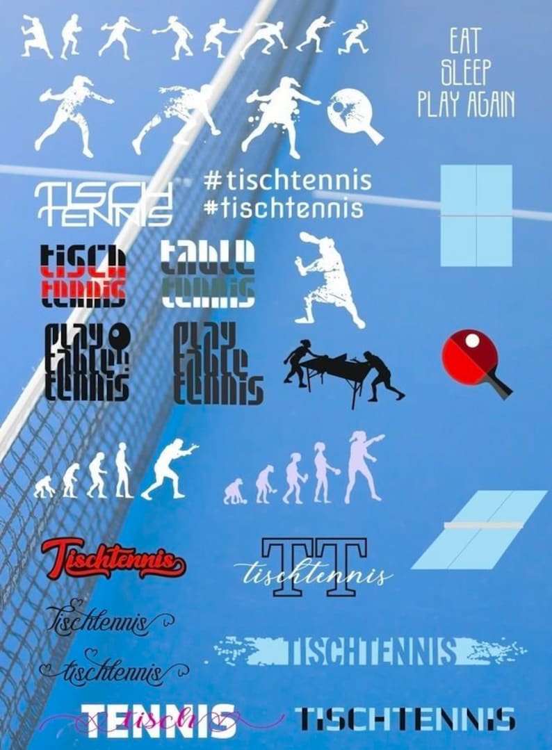 May include: A blue background with various images and text related to table tennis. The text includes "#tischtennis", "EAT SLEEP PLAY AGAIN", "Tischtennis", "Table Tennis", "Play Table Tennis", and "TENNIS".