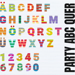 May include: Colorful alphabet letters and numbers with striped patterns. The letters are in uppercase and include the letters Ä, Ö, and Ü. The numbers are 1 through 0. The text "PARTY ABC QUER" is in black on the right side of the image.