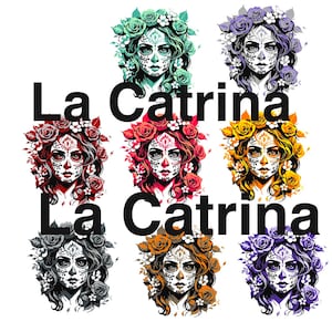 Pode incluir: Uma ilustração digital de La Catrina, uma figura tradicional mexicana que representa a morte, em várias cores. A figura é representada como uma mulher com um rosto de caveira, usando uma coroa de flores e um vestido fluido.