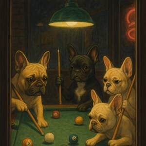 Puede incluir: Una pintura humorística muestra a Bulldogs franceses jugando al billar en un bar. La palabra "BAR" está encima. Los perros, en tonos beige y negro, están alrededor de una mesa de billar verde, cada uno con un taco. Una lámpara verde cuelga encima.