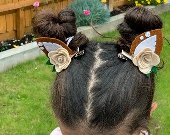 Deer Ear Hair Clips: Handmade Woodland Animal Flower Bows (Set of Two)
