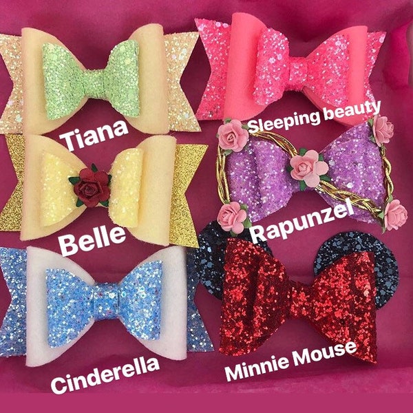 Disney princesses bow inspired , Belle -Aurora -Tiana- Rapunzel -Minnie Mouse-Cinderella , toddler bow, toddler hair clip, toddler headband