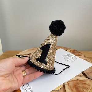 Chapeau d&#39;anniversaire-1er chapeau d&#39;anniversaire-chapeau de fête d&#39;anniversaire-chapeau noir et or-chapeau à paillettes-pompon fait main-pompon noir
