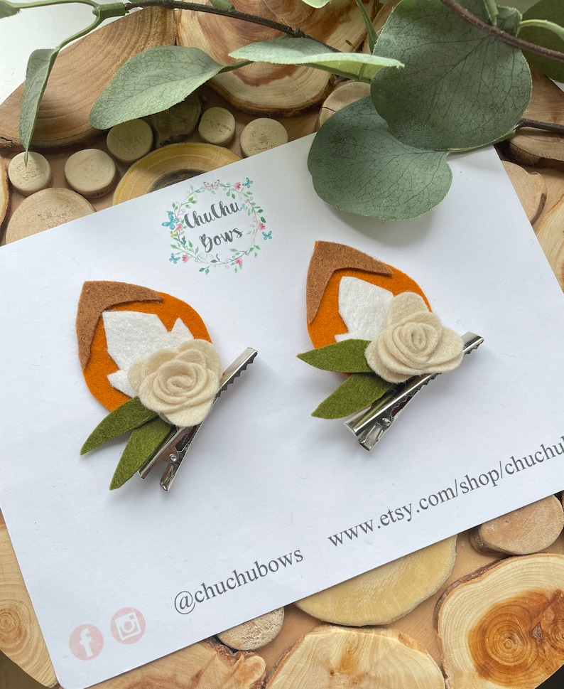 Baby fox Headband-Fox clips-Autumn bows-Fox ears hair clips -Autumnal bows-Woodland Headpiece-Animal ears headband-Woodland headband-Floral- image 2