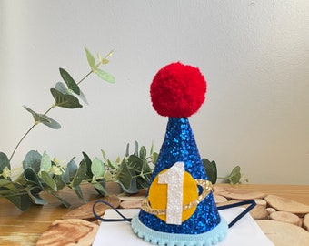 Gorro de cumpleaños con temática de planetas - Gorro de cumpleaños con purpurina - Gorro para el primer cumpleaños - Fiesta de primer cumpleaños - Gorro de cumpleaños con temática espacial