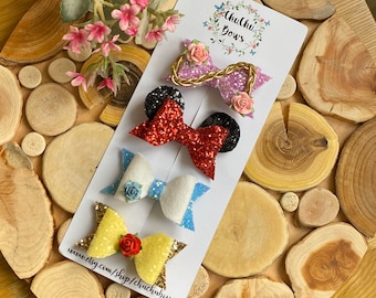 Disney inspired bows- Disney hair clips-Small size hair bows-Rapunzel bow-Minnie Mouse bow-Frozen bow-Belle bow