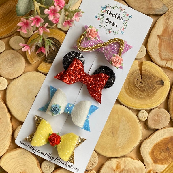 Disney inspired bows- Disney hair clips-Small size hair bows-Rapunzel bow-Minnie Mouse bow-Cinderella bow-Belle bow