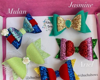 Disney bows-Mulan-Jasmine-Ariel-Tinkerbell-Snow White