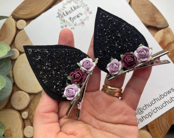 Pinzas para el pelo con orejas de gato para Halloween: pinzas florales para disfraz (juego de dos)