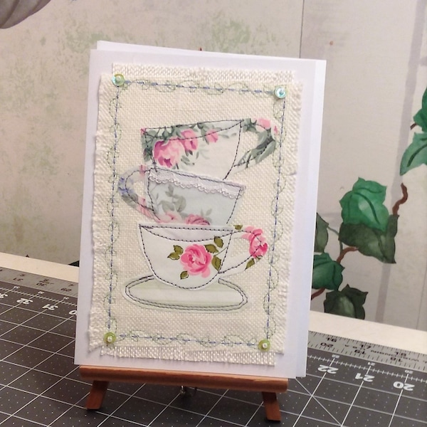 Fabric Greeting Note Card Handmade Giftable Art Card Blank Inside Stacked Tea Cups-10