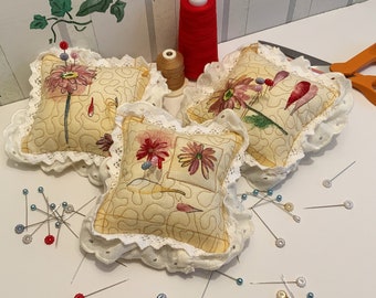 Pin Cushion with Sharpening Emery Sand Handmade Large Quilted Flower Upcycled Place Mat Choice of 3 Prints PinCus- 07