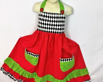 Handmade Retro Kitchen Apron – Black, White, Red, Lime Cotton Apron-23