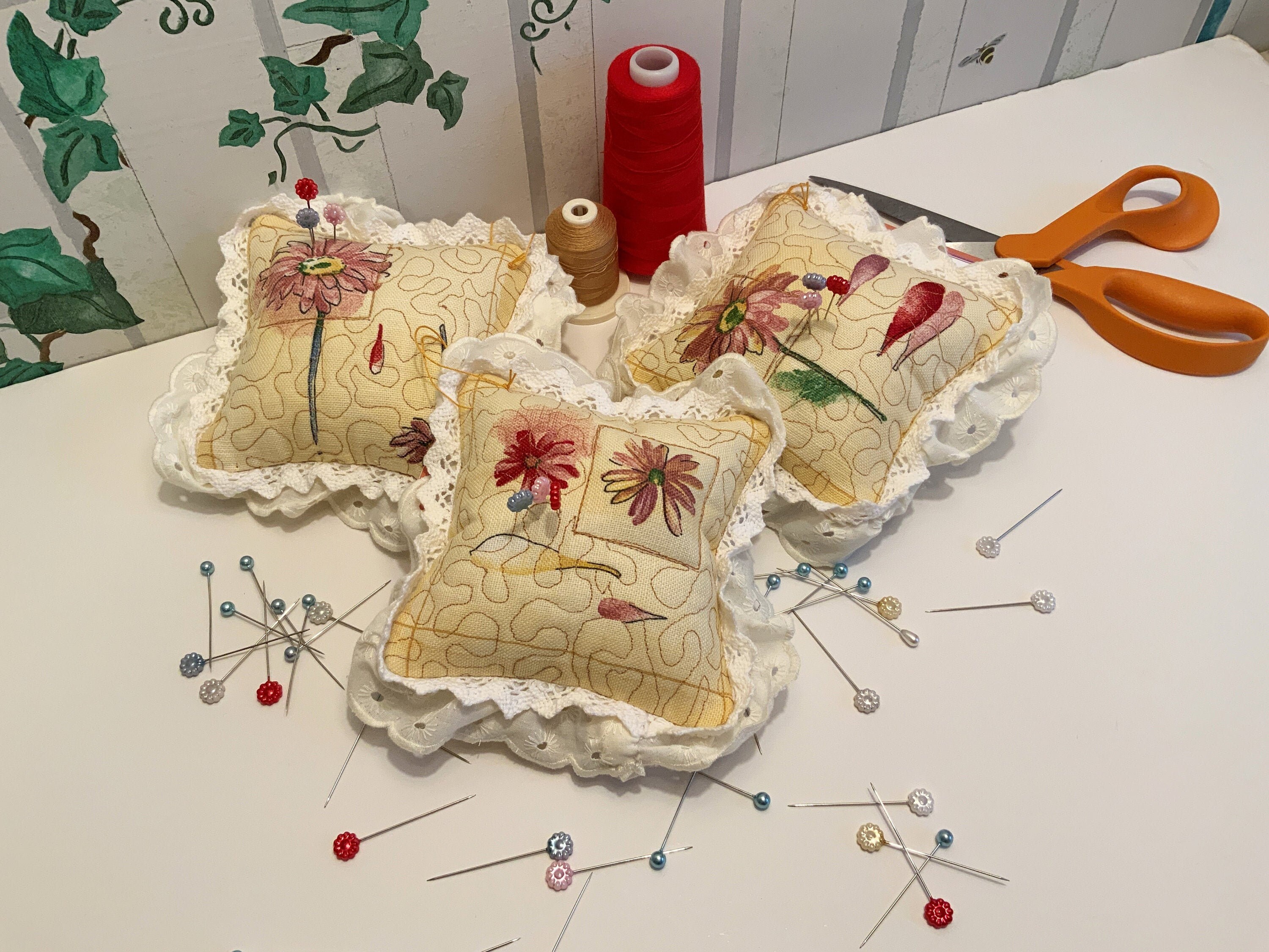 Pin Cushion with Sharpening Emery Sand Handmade Large Quilted Flower