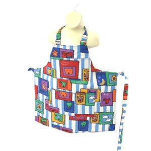 Apron Childrens Boys Girls Bib Apron Handmade Kitchen Apron Patches on Stripes Toddlers to 12 years old Apron-104