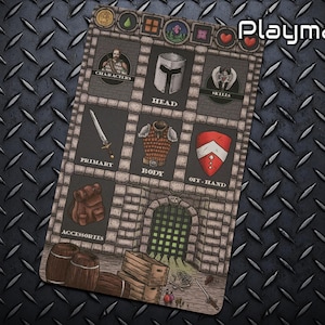 Peut inclure: Un tapis de jeu rectangulaire sur le thème du donjon. Le tapis présente différentes sections intitulées "Personnages", "Tête", "Compétences", "Primaire", "Corps", "Secondaire" et "Accessoires". Le tapis de jeu a un design de mur de briques avec une porte en bas. Le mot "Playmat!" est écrit en blanc.