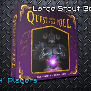 May include: A purple box with gold accents for the board game "Quest for the Lost Pixel". The box features an illustration of a character holding a glowing orb. The text "1-4 Players" is printed on the bottom of the box.