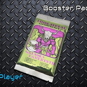 May include: A booster pack for the Iron Helm Adventure Pack #3 board game, featuring a green and yellow illustration of a pink monster with horns and a large axe. The pack includes 1 character card, 1 boss card, 1 skill card, 3 trapping cards, 3 loot cards, 3 plot cards, 5 enemy cards, and 1 map card. The text on the pack reads "Galnok's Labyrinth".