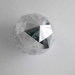 Pu&ograve; includere: Una sfera geometrica argentata con gli elementi della tavola periodica incisi sulle sue facce. La sfera &egrave; un poliedro, con ogni faccia che mostra un simbolo di elemento e un numero atomico. Lo sfondo &egrave; una superficie bianca.