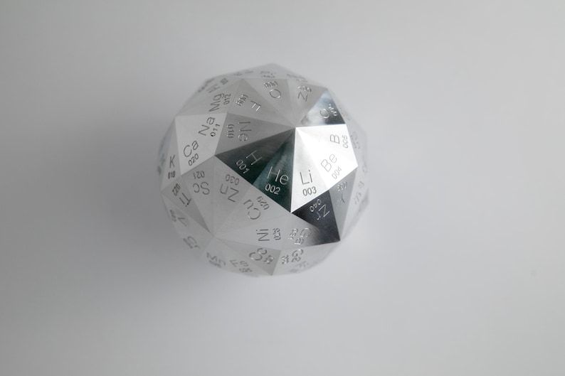 Pu&ograve; includere: Una sfera geometrica argentata con gli elementi della tavola periodica incisi sulle sue facce. La sfera &egrave; un poliedro, con ogni faccia che mostra un simbolo di elemento e un numero atomico. Lo sfondo &egrave; una superficie bianca.