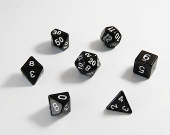 Black Acrylic Dice Set - 7 Piece Polyhedral DnD RPG