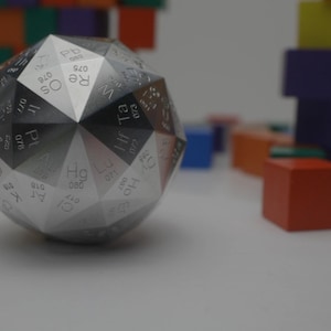 Pu&ograve; includere: Un dado dodecaedrico geometrico argentato con la tavola periodica degli elementi. Il dado &egrave; appoggiato su una superficie bianca, con blocchi di legno colorati sullo sfondo.