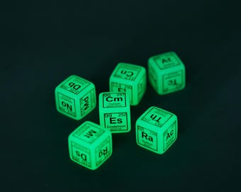 Dadi della tavola periodica - Set da 36 elementi e 6 dadi radioattivi che si illuminano al buio