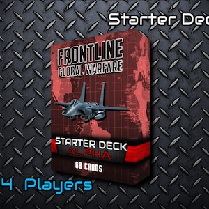 May include: A red and black box with the text "Frontline Global Warfare Starter Deck Alpha 68 Cards" and a picture of a fighter jet flying over a map of the world. The box is on a black metal background. 2-4 Players.