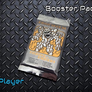 May include: A silver foil booster pack for the Iron Helm Adventure Deck #3 card game. The pack contains 1 character card, 1 boss card, 1 skill card, 2 trappings cards, 4 loot cards, 3 plot cards, 5 enemy cards, and 1 map card. The pack is for 1 player.