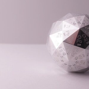 Pu&ograve; includere: Una sfera geometrica argentata con molteplici facce, ognuna con simboli degli elementi della tavola periodica. La sfera &egrave; su una superficie bianca, con uno sfondo morbido e neutro. Il design &egrave; moderno e scientifico.