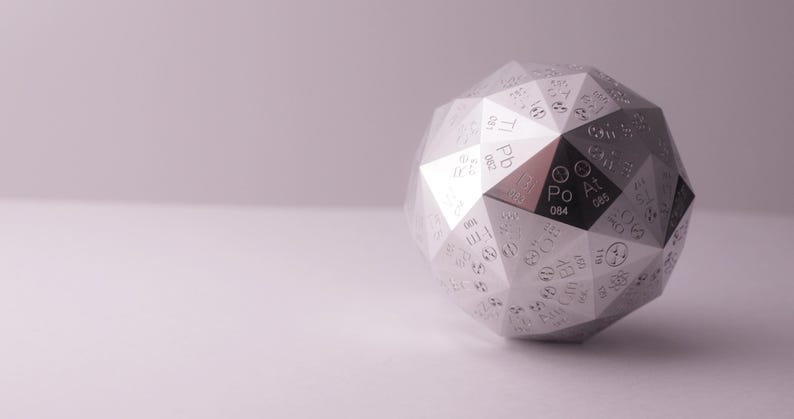 Pu&ograve; includere: Una sfera geometrica argentata con molteplici facce, ognuna con simboli degli elementi della tavola periodica. La sfera &egrave; su una superficie bianca, con uno sfondo morbido e neutro. Il design &egrave; moderno e scientifico.