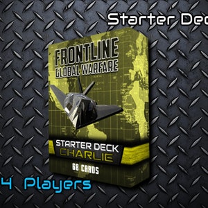 May include: A green and yellow card game box with a black stealth fighter jet on the front. The box says "Frontline Global Warfare" and "Starter Deck Charlie 68 Cards". The box is on a black metal background. 2-4 Players.