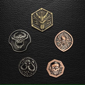 Mix & Match Gaming tokens - 10 Metal tokens - Varying Sizes - Zinc Alloy