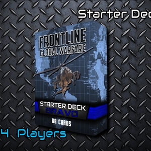 May include: A blue and gray box with a world map and a helicopter on it. The box says "Frontline Global Warfare Starter Deck Bravo 68 Cards" and "2-4 Players".