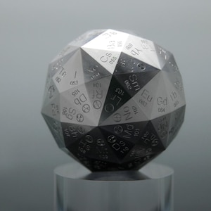 Pu&ograve; includere: Una sfera geometrica con finitura metallica, caratterizzata da un motivo di faccette triangolari. Ogni faccetta &egrave; incisa con simboli e numeri, probabilmente rappresentanti elementi della tavola periodica. La sfera &egrave; esposta su un supporto cilindrico trasparente.