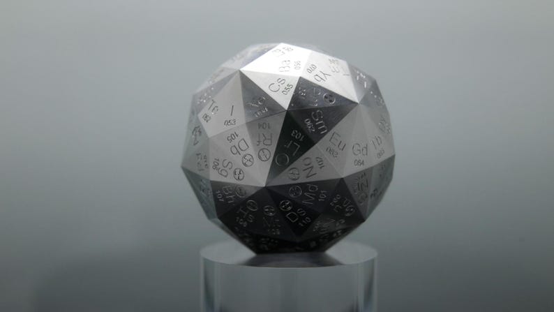 Pu&ograve; includere: Una sfera geometrica con finitura metallica, caratterizzata da un motivo di faccette triangolari. Ogni faccetta &egrave; incisa con simboli e numeri, probabilmente rappresentanti elementi della tavola periodica. La sfera &egrave; esposta su un supporto cilindrico trasparente.