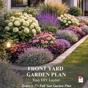 May include: A vibrant front yard garden bed featuring a variety of colorful flowers and plants. The garden includes white hydrangeas, pink coneflowers, and purple salvia. Text on the image reads "Front Yard Garden Plan" and "Easy DIY Layout".