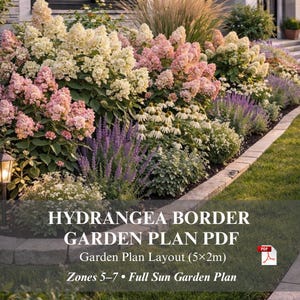 May include: A vibrant garden bed featuring a variety of plants, including pink and white hydrangeas, purple lavender, and other greenery. The image includes the text "HYDRANGEA BORDER GARDEN PLAN PDF" and details about the garden layout.