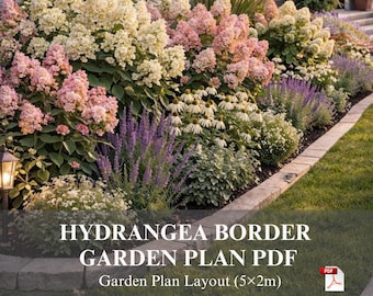 Plano de jardín con hortensias en PDF / Jardín delantero de 5 × 2 m (16 × 6 pies) / Parterre a pleno sol / Zonas 5–7 / Fácil de hacer para embellecer la fachada de tu casa