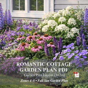 May include: A vibrant garden bed with a variety of flowers in shades of purple, pink, and white. The image includes text that reads "ROMANTIC COTTAGE GARDEN PLAN PDF" and "Garden Plan Layout (3x2m)". The garden is in front of a house.
