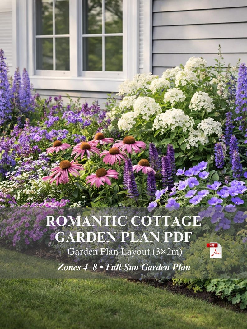 Romantic Cottage Garden Plan PDF | Full Sun Flower Bed Layout 3x2m (9 ...