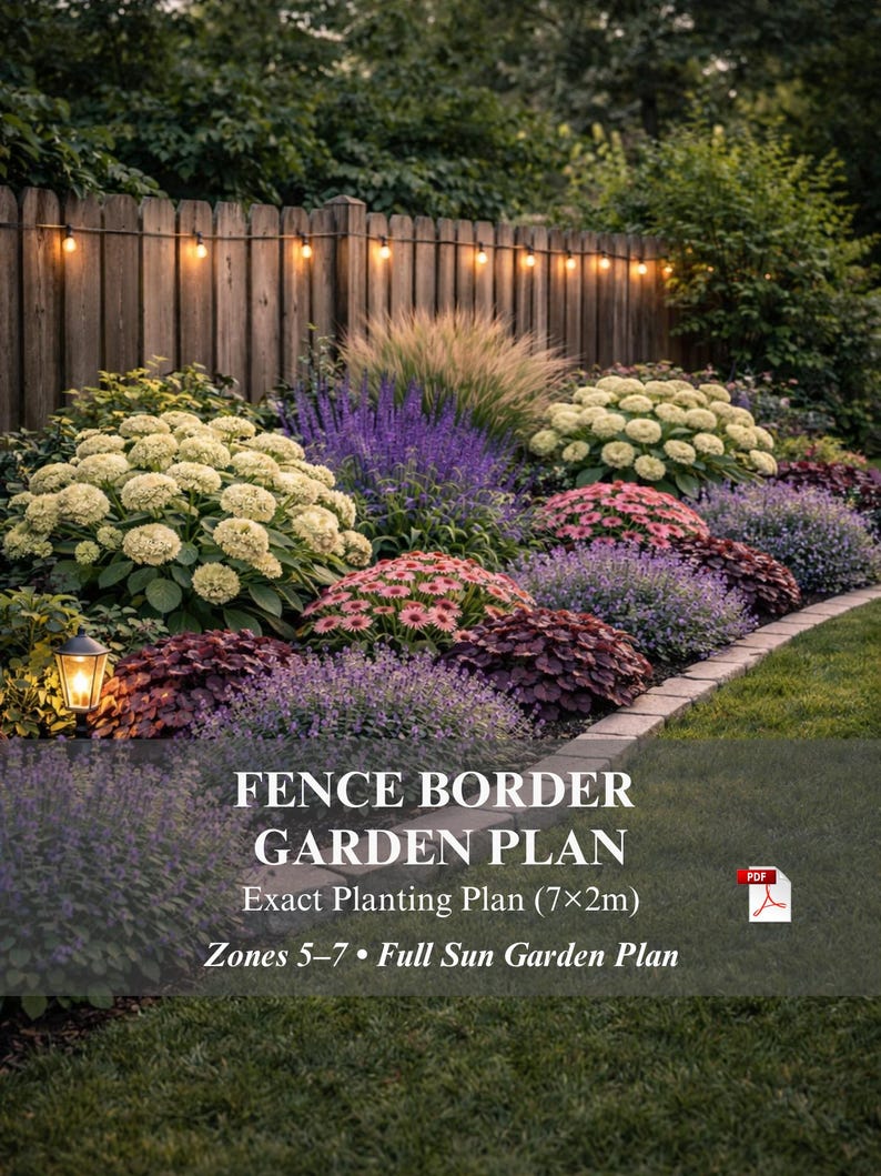 Fence Border Garden Plan PDF | Full Sun Privacy Planting Layout | 7x2m ...