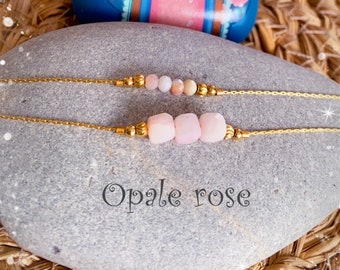 Bracelet perles en OPALE rose naturelle pierre gemme chaine acier inoxydable doré minimaliste