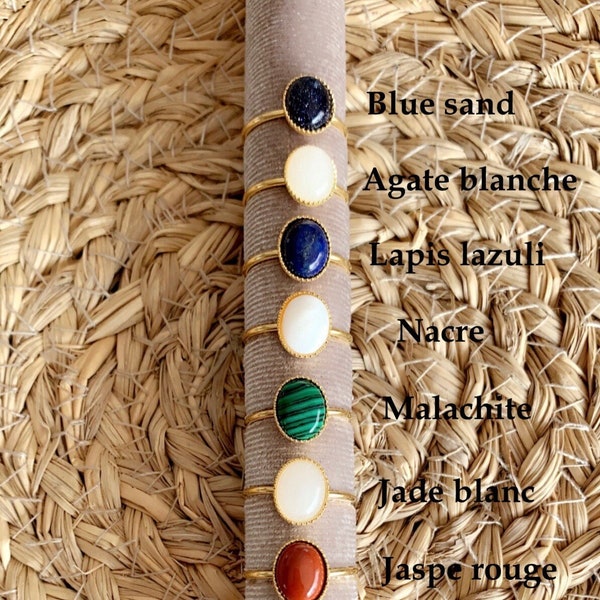 Bague pierre Aventurine, Agate, Quartz rose, Nacre, Malachite,Blue sand, Labradorite, Jade, ajustable, doré à l’or 24K, gemme