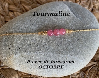 Bracelet pierre de naissance * OCTOBRE * Tourmaline * perles naturelles gemme et acier inoxydable doré, minimaliste