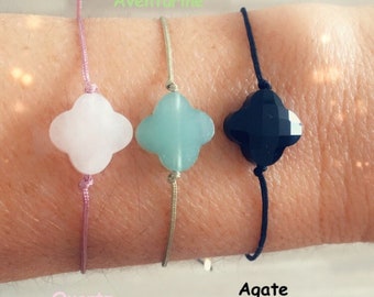 Bracelet TREFLE ajustable pierre naturelle gemme Aventurine, Agate ou Quartz rose