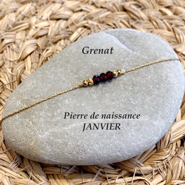 Bracelet pierre de naissance * JANVIER * Grenat * perles naturelles gemme et acier inoxydable doré, minimaliste